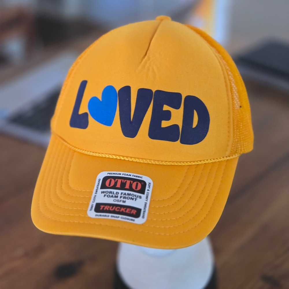 OTTO Trucker Hat LOVED Graphic Foam Mesh Snapback Yellow OSFM Retro Cap NWOT
